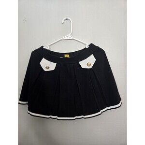 Daisy  Style Black Mini Skirt, White Contrast Trim & Gold Buttons, Preppy Size S